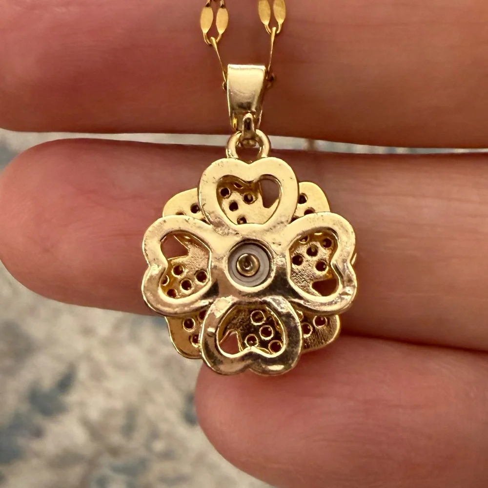 Pave set orange crystal gold plated stainless steel clover pendant and chain - Picture 7 of 8